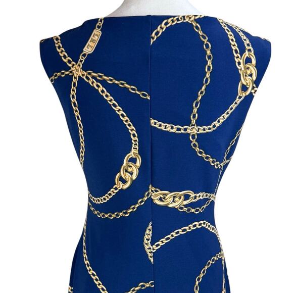 Lauren Ralph Lauren Navy Blue Gold Chain Print Sleeveless Jersey Stretch Dress - Picture 6 of 11